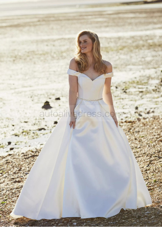 Off Shoulder Ivory Satin Wedding Dress With Beaded Belt